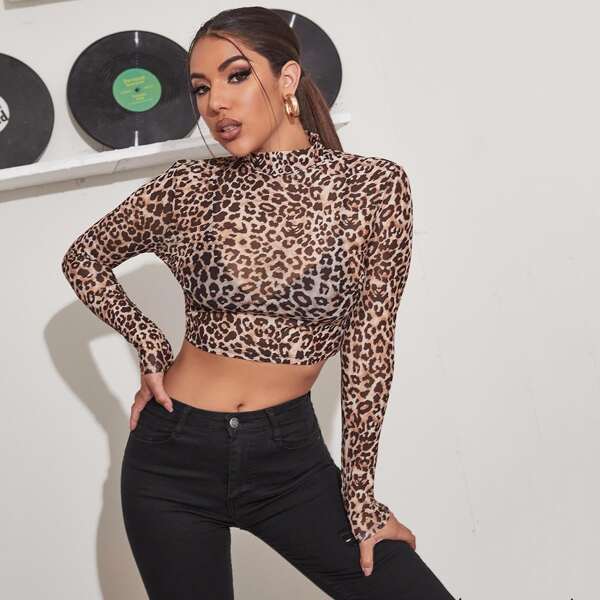 

Mock Neck Leopard Crop Top Without Bra, Multicolor