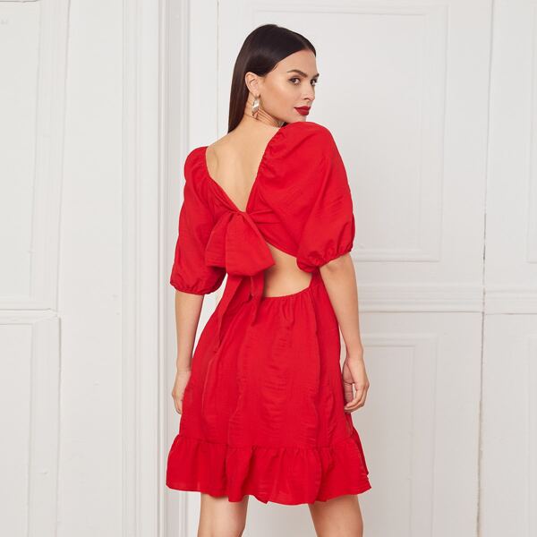 

Solid Tie Back Ruffle Hem Peekaboo Dress, Red