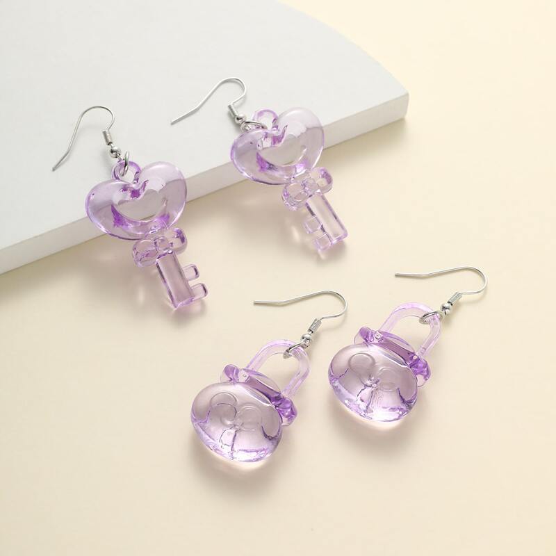 

2pairs Clear Bag Design Drop Earrings, Violet purple