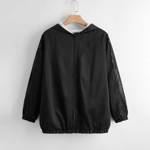 

Plus Contrast Sequin Zip-up Hooded Jacket, Black