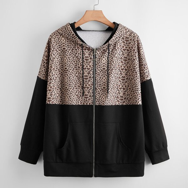 

Plus Contrast Panel Zip Up Drawstring Hoodie, Multicolor