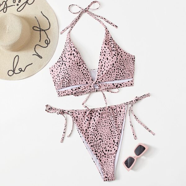 

Plus Dalmatian Halter Tie Side Bikini Swimsuit, Multicolor