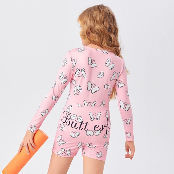 

Girls Heart & Wing Print Romper, Baby pink