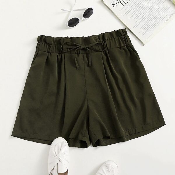 

Plus Paper Bag Waist Drawstring Shorts, Army green