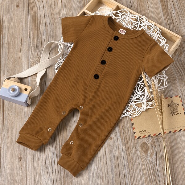 

Toddler Boys Button Front Rib-knit Jumpsuit, Brown