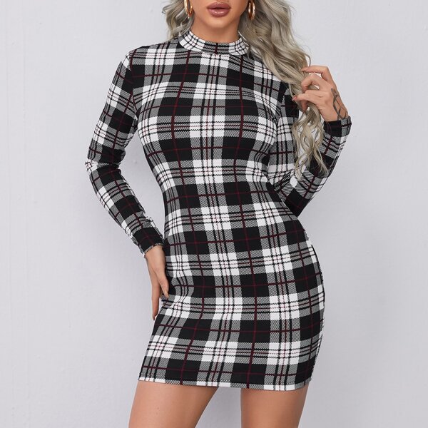 

Mock-neck Plaid Bodycon Dress, Multicolor