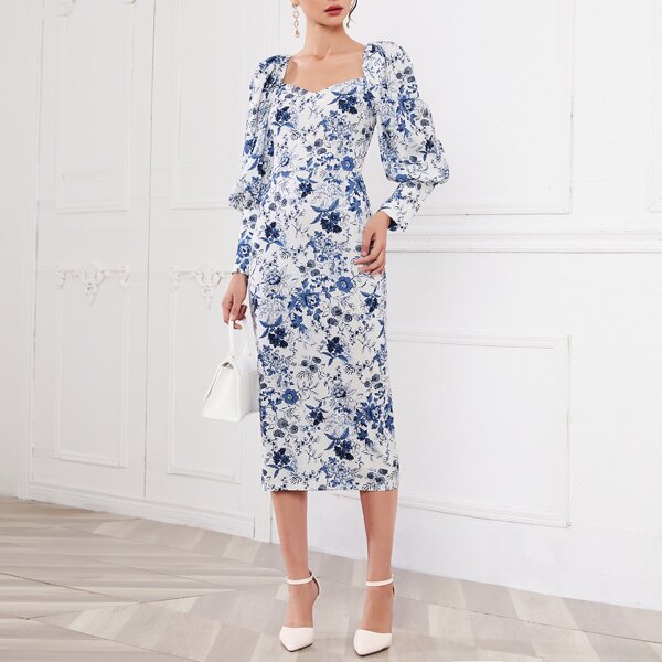 

Sweetheart Neck Gigot Sleeve Floral Dress, Blue and white