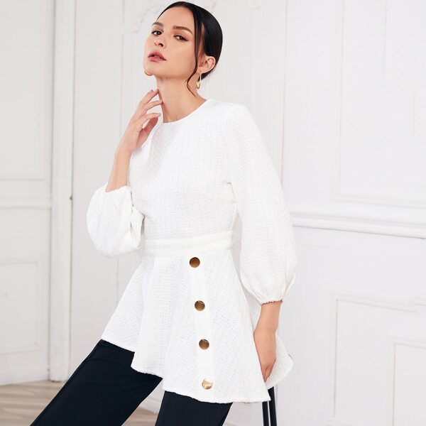 

Lantern Sleeve Button Detail Asymmetrical Ruffle Hem Tweed Top, White