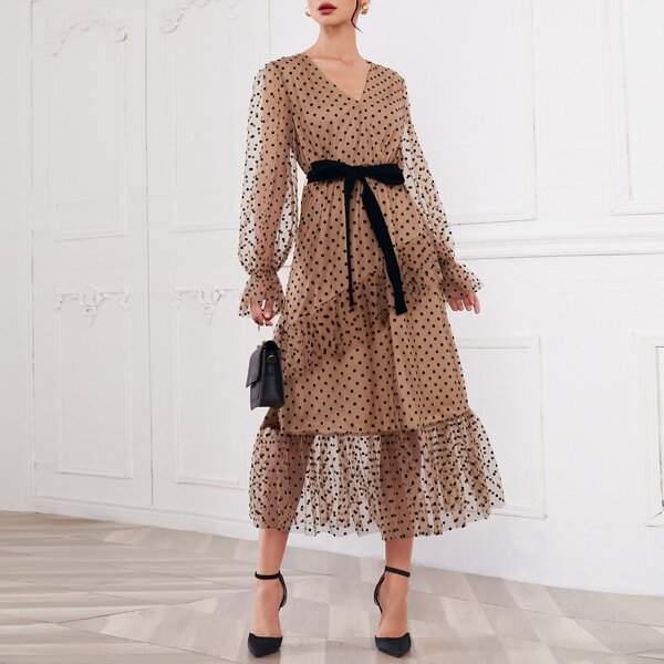 

Surplice Neck Flounce Sleeve Dobby Mesh Overlay Dress With Belt, Camel