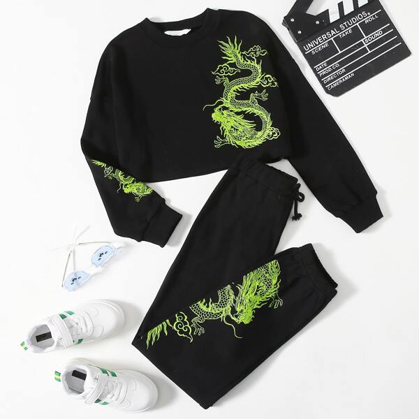 

Girls Chinese Dragon Drop Shoulder Pullover & Drawstring Sweatpants Set, Black
