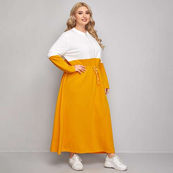 

Plus Zip Up Drawstring Waist Two Tone Dress, Multicolor