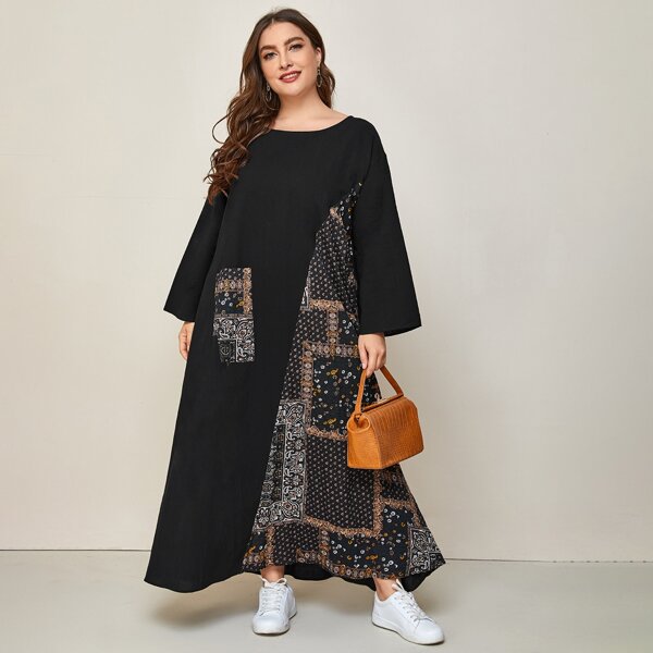 

Plus Drop Shoulder Pocket Front Scarf Print Panel Dress, Black