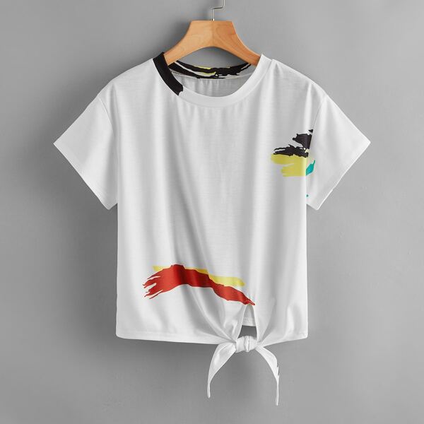 

Knotted Hem Brush Print Tee, White