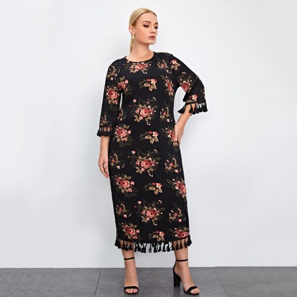 

Plus Allover Floral Print Tassel Trim Split Hem Dress, Multicolor