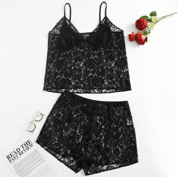 

Plus Lace Cami Pajama Set, Black