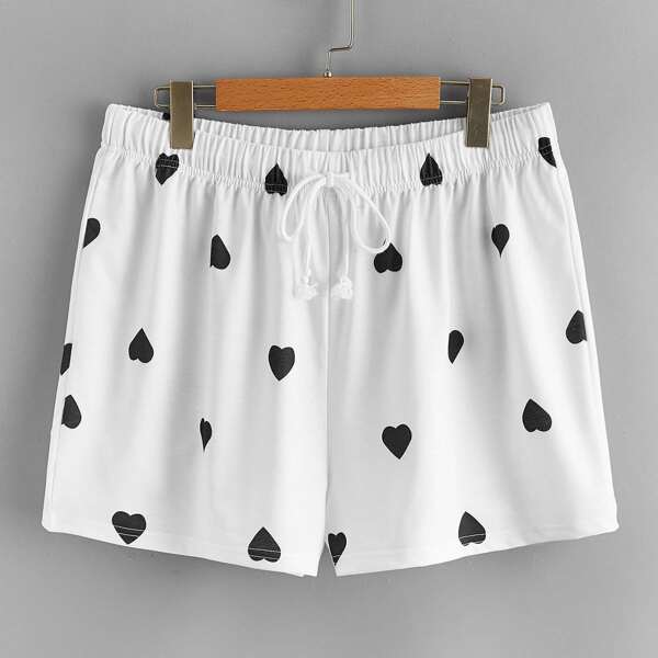 

Plus Heart Print Drawstring Waist Shorts, White