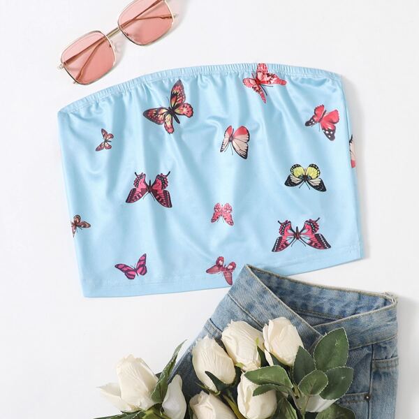 

Butterfly Print Tube Top, Blue