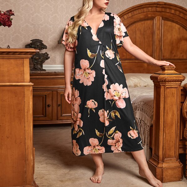 

Plus V-neck Floral Print Night Dress, Multicolor