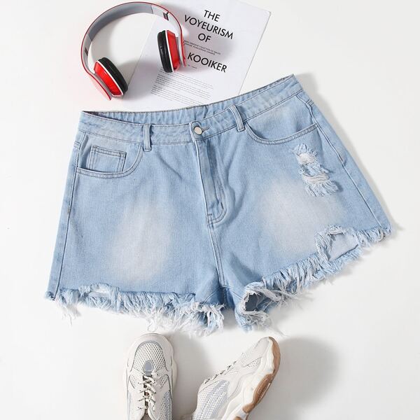 

Plus Light Wash Raw Hem Ripped Denim Shorts