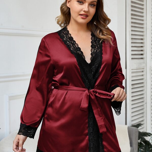 

Plus Contrast Lace Trim Belted Satin Robe, Burgundy