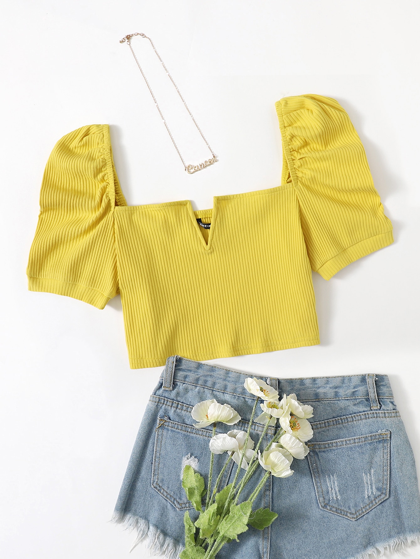 Ribbed V-Wire Puff Sleeve Crop Top thumbnail