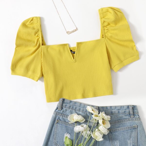 

Ribbed V-Wire Puff Sleeve Crop Top, Yellow