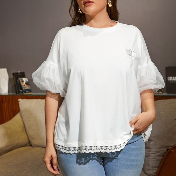 

Plus Drop Shoulder Mesh Detail Puff Sleeve Embroidery Floral Tee, White