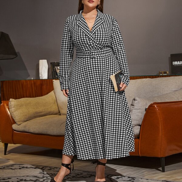 

Plus Lapel Collar Buckle Belted Houndstooth Dress, Black and white