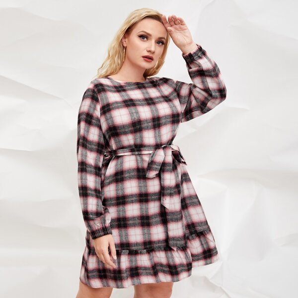 

Plus Plaid Ruffle Hem A-line Dress, Multicolor