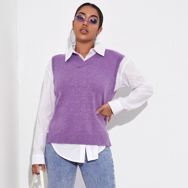 

High Low Hem Solid Sweater Vest, Violet purple