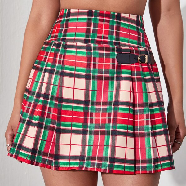 

High Waist Tartan Pleated Skirt, Multicolor