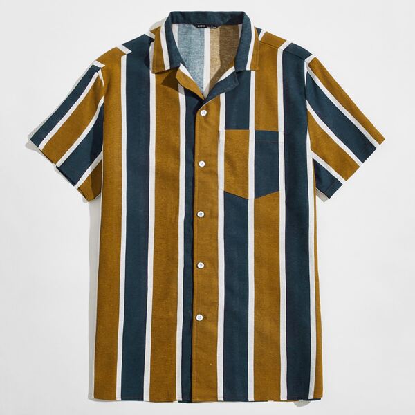 

Men Patch Pocket Striped Colorblock Shirt, Multicolor