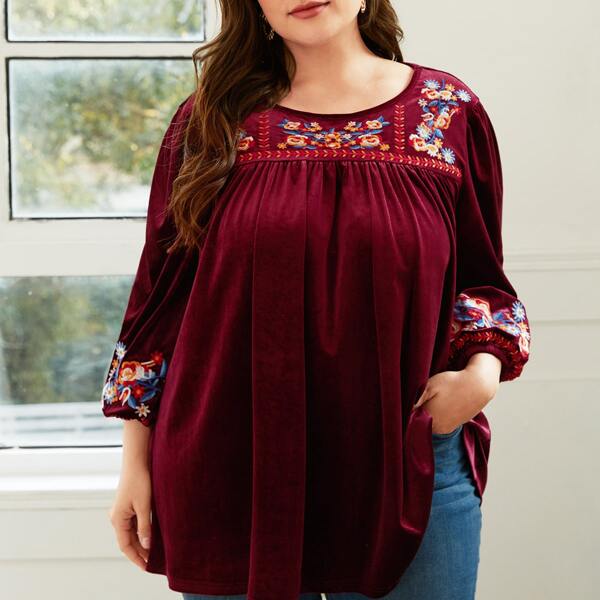 

Plus Floral Embroidery Velvet Blouse, Maroon