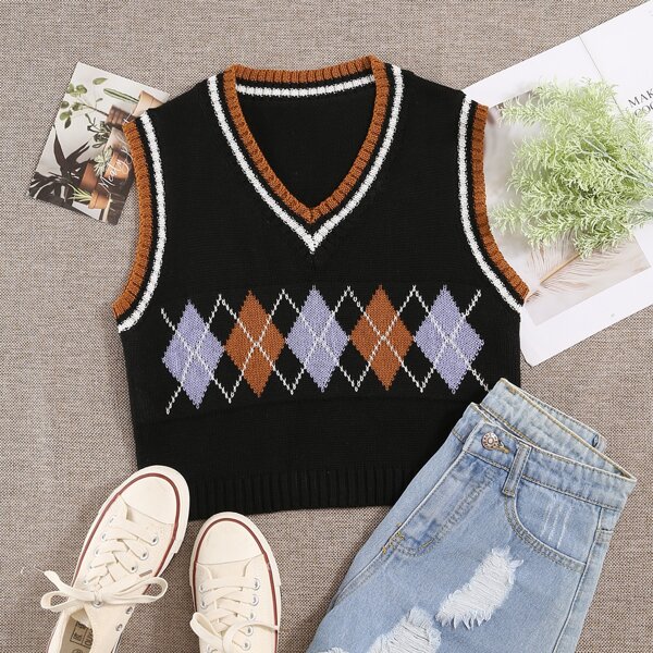 

Argyle Pattern Striped Trim Sweater Vest, Black