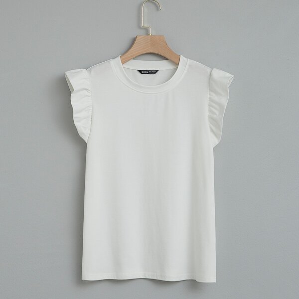 

Solid Round Neck Ruffle Trim Tee, White