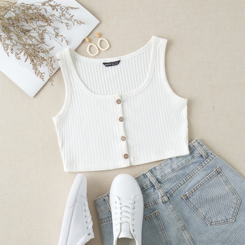 

Button Front Rib-knit Crop Tank Top, White