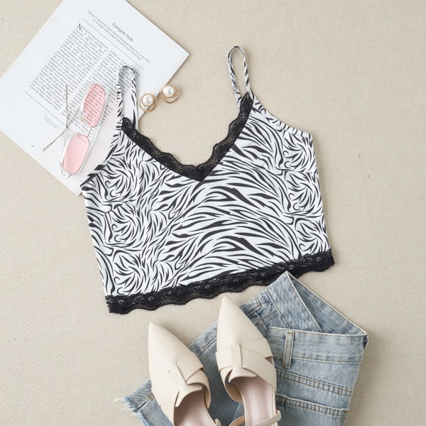

Zebra Stripe Contrast Lace Crop Cami Top, Black and white