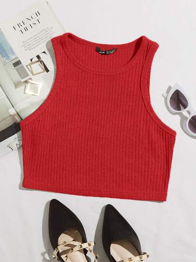 Solid Rib-knit Crop Tank Top