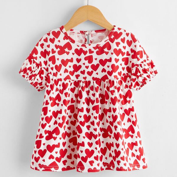 

Toddler Girls All Over Heart Print Babydoll Tee, Red and white