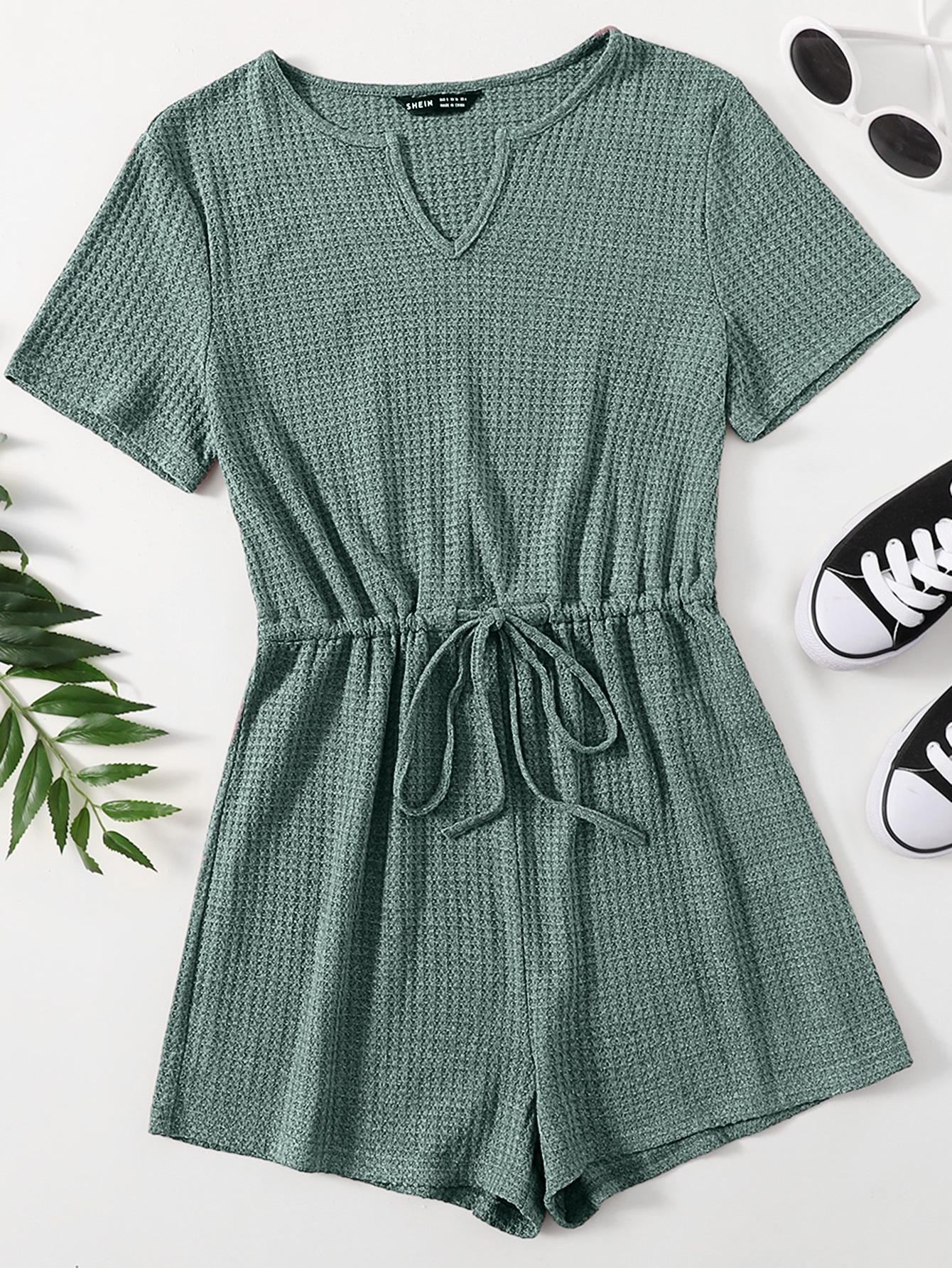 Notched Collar Drawstring Waffle Knit Romper thumbnail