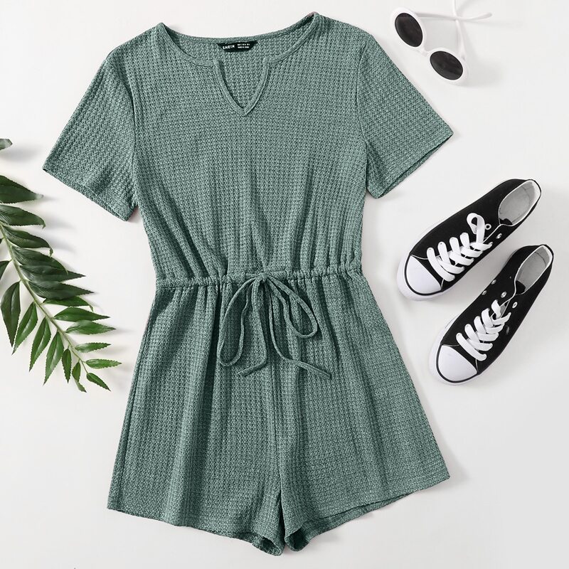 

Notched Collar Drawstring Waffle Knit Romper, Green