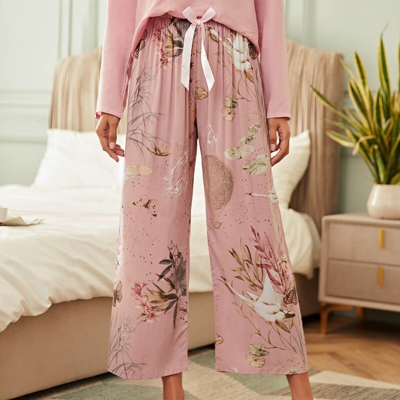 

Floral Print Bow Front Sleep Pants, Baby pink