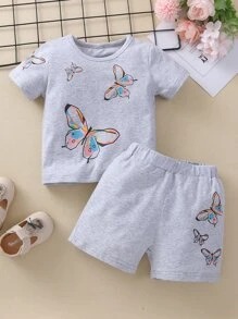 Baby Girl Butterfly Print Tee & Shorts - Light Grey - View 1