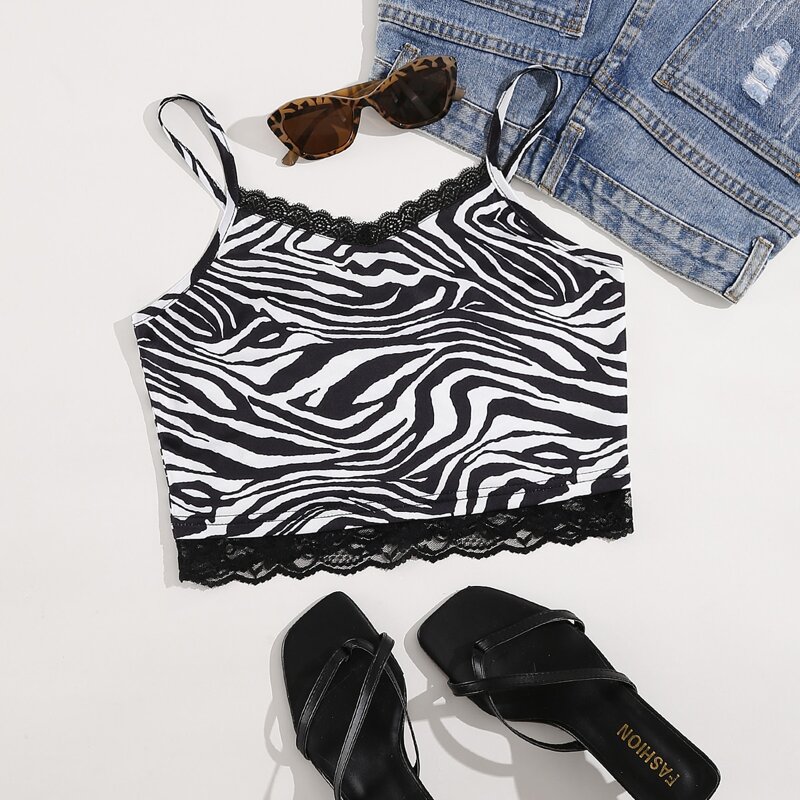 

Lace Panel Zebra Stripe Cami Top, Black and white