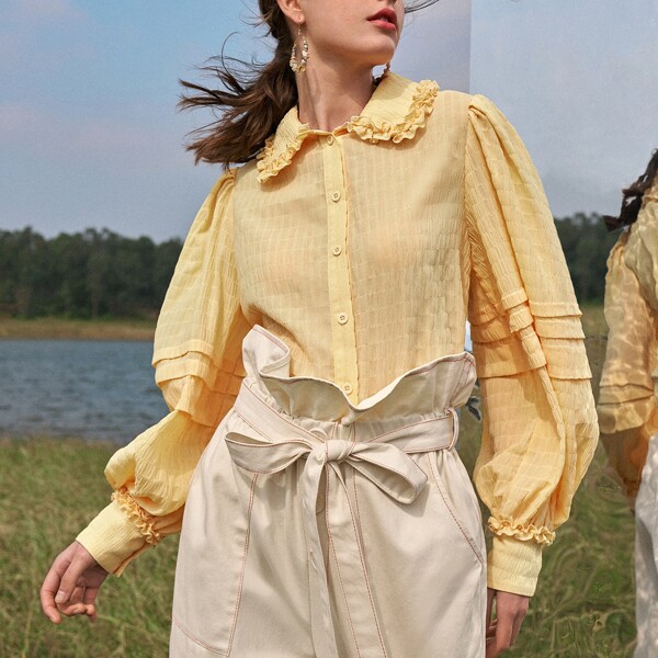 

Frill Trim Collar Lantern Sleeve Solid Blouse, Yellow