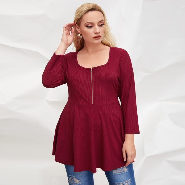 

Plus Half Zipper Rib-knit Ruffle Hem Top, Burgundy