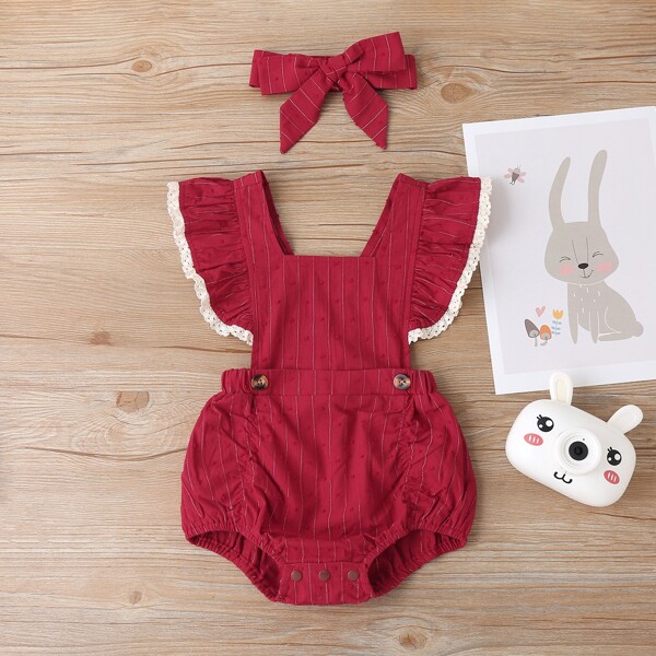 

Baby Girl Striped Ruffle Trimed Bodysuit With Headband, Burgundy