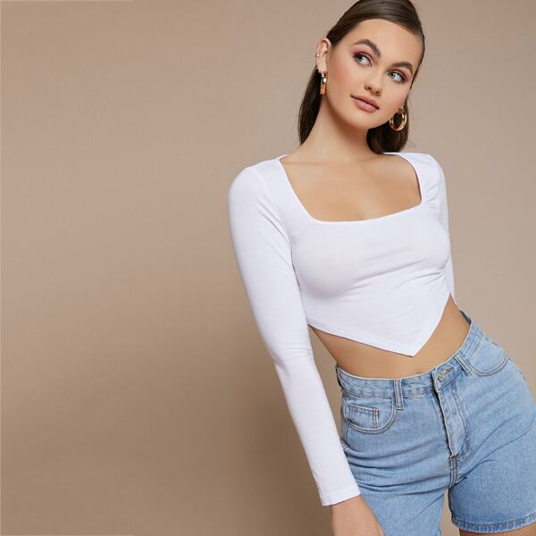 

Asymetrical Hem Long Sleeve Crop Top, White