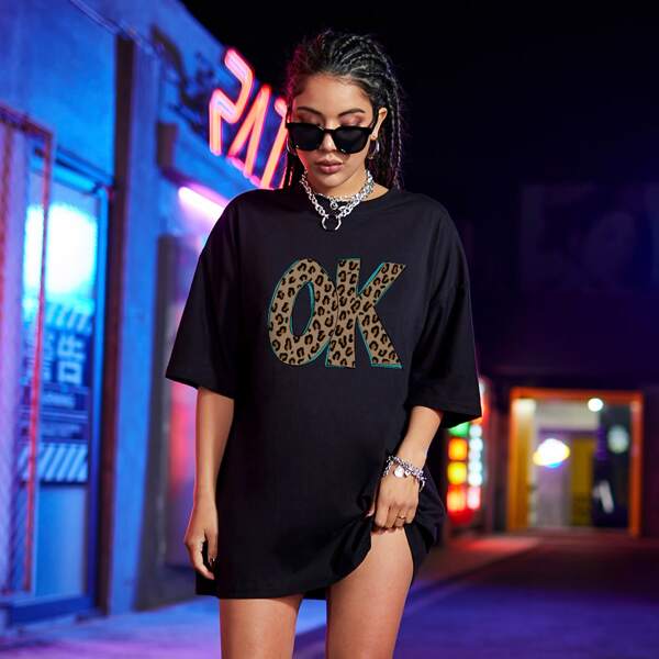 

Drop Shoulder Letter Graphic Oversized Tee, Black