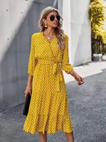 Polka Dot Frill Wrap Belted A-line Dress - Yellow - View 1